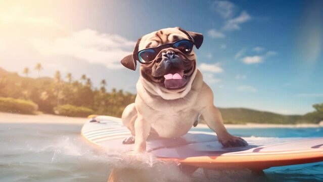 A pug dog wearing sunglasses, on a surfboard, funny summer scene