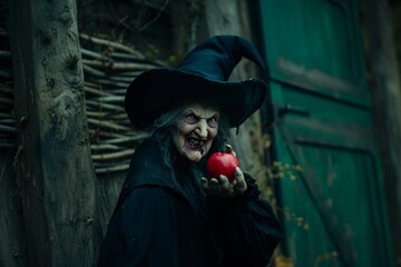 Une sorcière effrayante avec une pomme rouge » IA générative