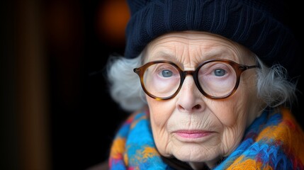 Portrait of an Elderly Woman With Glasses and Blue Hat