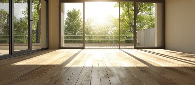An unoccupied room featuring wooden floors and large sliding glass doors that provide a view of the front balcony.
