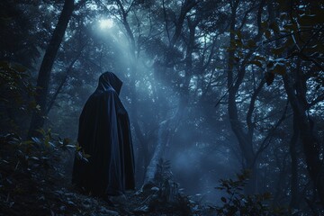 Un homme en noir se promenant dans une forêt sombre » IA générative - obrazy, fototapety, plakaty