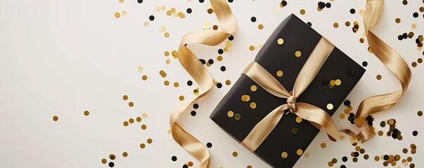 Black gift box with gold ribbon. birthdays, celebrations, vallentin and christmas