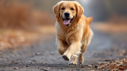 Golden Retriever Dog Running Down Road