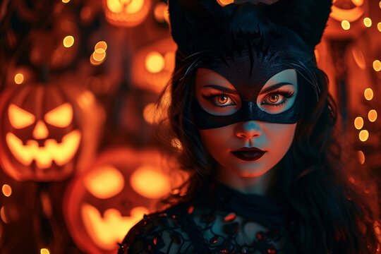 Portrait d'une jeune femme déguisée en chat noir le jour d'halloween » IA générative
