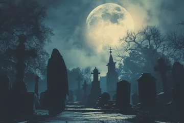 Fotobehang Silhouette mystérieuse dans un vieux cimetière un jour de pleine lune » IA générative © Maelgoa