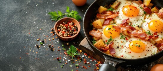 A cooking utensil filled with eggs, bacon, and diced potatoes sits on top of a table.