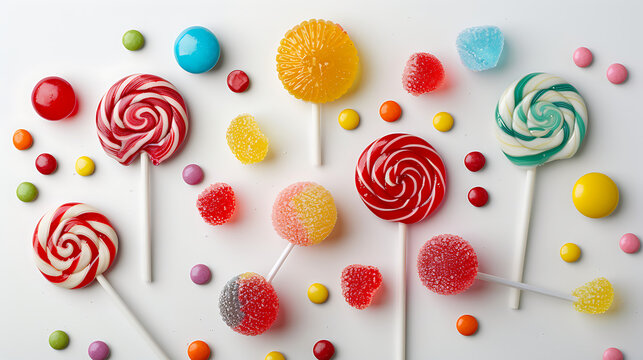 a group of colorful candies and lollipops on a white background