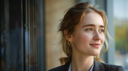 Fototapeta premium Smiling young caucasian business woman head shot portrait. Thoughtful millennial businesswoman looking away with pensive face, dreaming, thinking over project tasks, future lifestyle