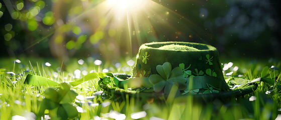 a green hat with a shamrock on it in the grass with a sunbeam in the background