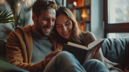 man and woman caucasian adult couple read books at home