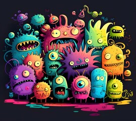 Many monsters, doodle art style, colorful, funny, neon watercolors
