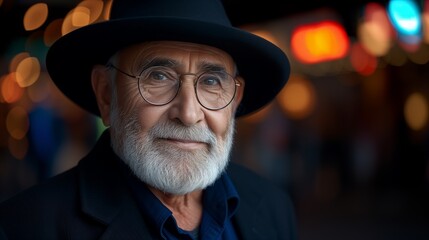 Elderly Man in Hat at Twilight in Urban Setting