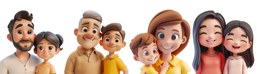 Fototapeta premium Family: Father, Mother, Daughter, Son, and Children in a Set Collection of Simple 3D Cartoon Rendered Characters, Isolated on Transparent Background, PNG