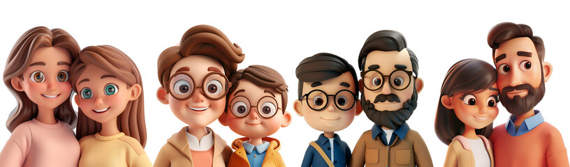 Fototapeta premium 3D Illustration of Simple Cartoon Family Set Collection: Father, Mother, Children, Son, and Daughter, Isolated on Transparent Background, PNG