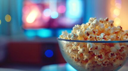 Popcorn in a glass bowl, ready to watch tv,blurred background