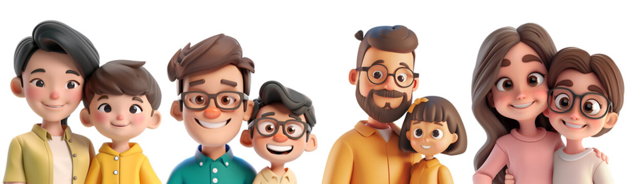 3D Rendered Simple Cartoon Characters of Family: Father, Mother, Son, Daughter, and Children in a Set Collection, Isolated on Transparent Background, PNG