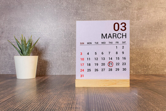 March 21 calendar date text on wooden blocks with blurred park background. Copy space and calendar concept.