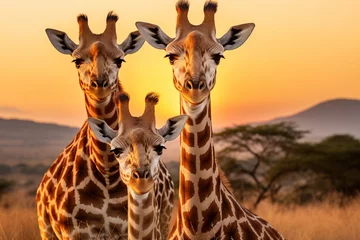 Foto auf Acrylglas Antireflex Groupe de girafes au coucher du soleil » IA générative © Maelgoa