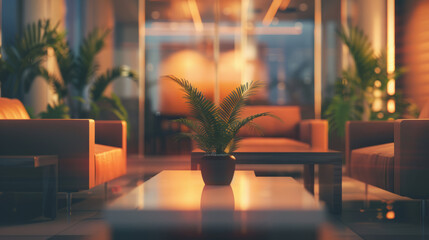 Simple, out-of-focus background of a business lounge with indistinct shapes of sofas and a coffee table.