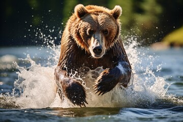 Gros plan d'un ours brun pêchant dans l'eau d'une rivière » IA générative - obrazy, fototapety, plakaty