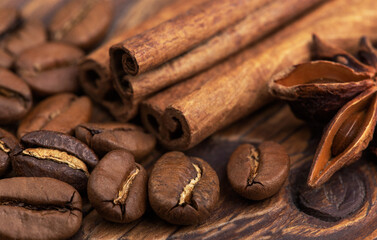 natural freshly roasted coffee beans, cinnamon and star anise