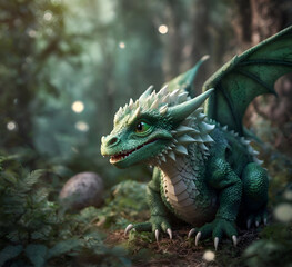 cute adorable smiling natural dragon baby with wings and horns seating in forest.   AI generated