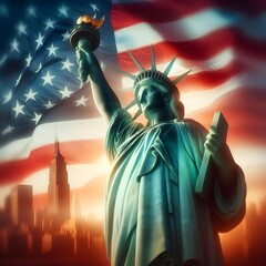 Obraz premium The Statue of Liberty in the United States, the symbol of freedom, the ideology of American independence and the establishment of the Constitution, Generative AI
