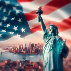 Naklejka premium The Statue of Liberty in the United States, the symbol of freedom, the ideology of American independence and the establishment of the Constitution, Generative AI