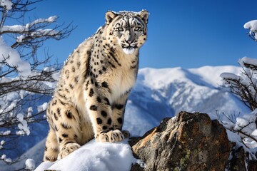Léopard des neiges sur un rocher dans la montagne » IA générative