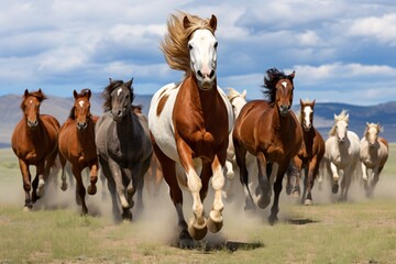 Groupe de chevaux sauvages galopant dans la nature » IA générative