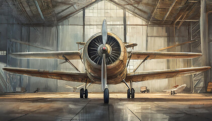 old vintage airplane in the airport hanger, art design