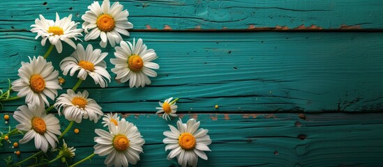 Obraz premium A captivating display of daisies against a refreshing green wooden surface.