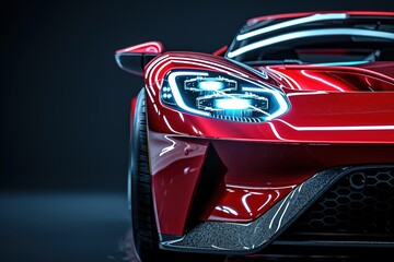 Detail on one of the LED headlights super car on black background, free space on right side for text, Sports car close up