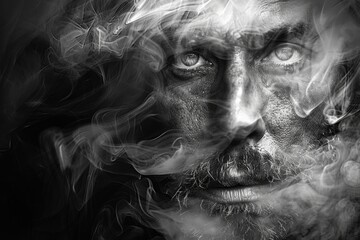 A man exuding smoke from his face stands stoically, embodying strength and mystery in this black...