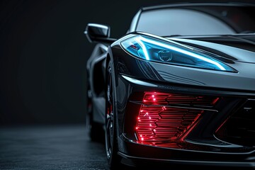High detail render of a front of a car. Free space on right side for text, Sports car close up