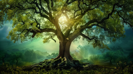 A majestic, healthy ancient tree boasts abundant green foliage, backlit by the midday sun as it shines through the leaves, against a misty background