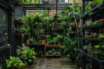 Fototapeta na wymiar A room brims with a bountiful collection of potted plants, creating a vibrant and oxygen-rich sanctuary teeming with life and verdant beauty