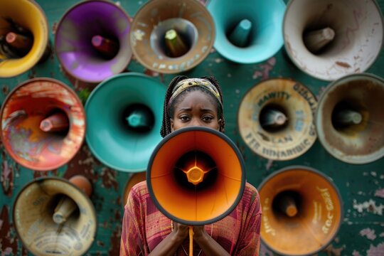 A woman confidently holds a large, eye-catching orange and black megaphone, ready to amplify her voice and make a powerful statement