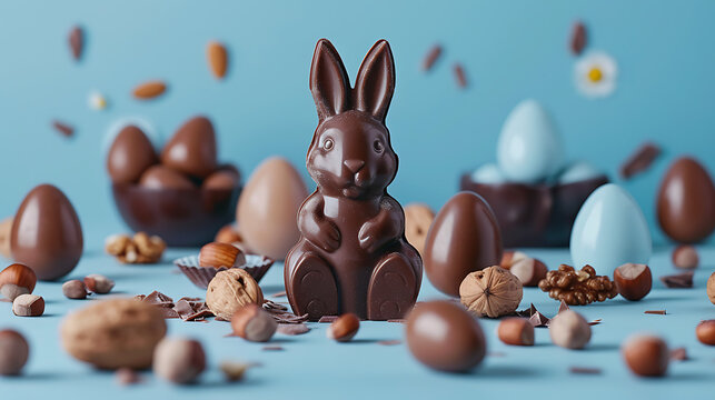 a chocolate bunny surrounded by chocolate eggs and nuts on a table with a blue background