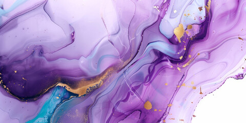 Abstract marble marbled stone ink liquid fluid painted painting texture luxury background banner - Purple turquoise swirls gold painted splashes lines illustration