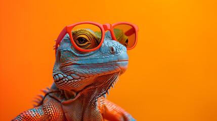 Vibrant Laid back Chameleons with sunglasses in a photo studio light and background, chill and relaxed colorful lizard Profile head shot, spiritual close up sunglasses advertising  