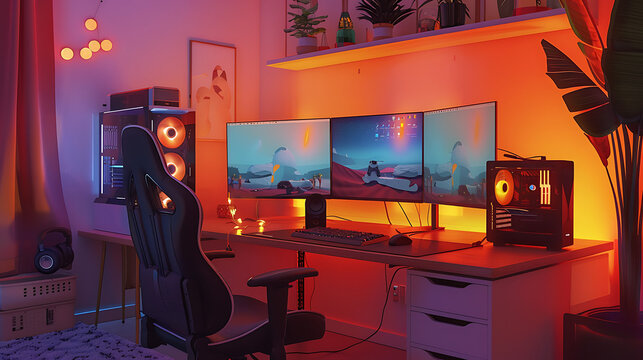 A Computer Desk With Two Monitors And A Keyboard And Mouse On It In A Room With Orange Lighting And A Black Chair