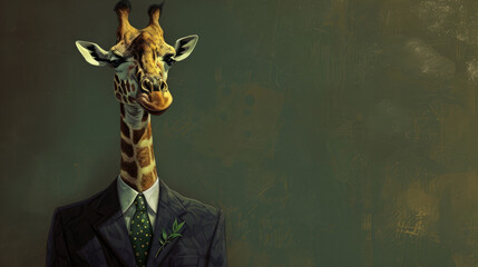 Standing tall in a chic business suit with a trendy leaf-patterned tie, this giraffe showcases a perfect blend of wilderness and urban sophistication.