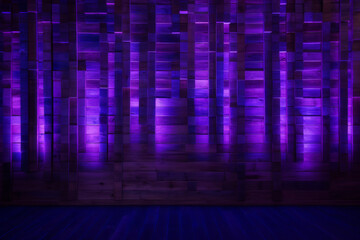A wooden wall illuminated from below with neon purple light