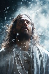Fototapeta premium Divine presence: contemplating the life and teachings of Jesus Christ, the compassionate figure whose legacy resonates through time, embodying love, grace, and spiritual enlightenment.