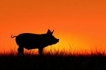 An orange-yellow silhouette of a little pig standing and watching from the side. Sunset background