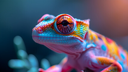 Vibrant Laid back Chameleons in a photo studio light and background, chill and relaxed colorful lizard Profile head shot, spiritual close up  - obrazy, fototapety, plakaty
