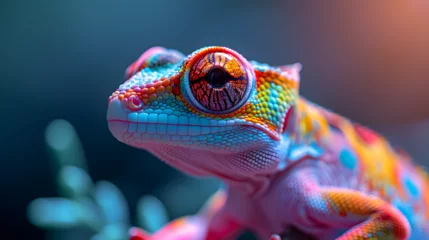 Fotobehang Vibrant Laid back Chameleons in a photo studio light and background, chill and relaxed colorful lizard Profile head shot, spiritual close up  © Marc