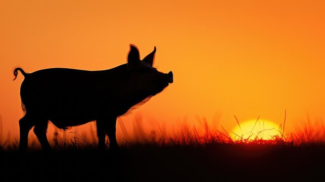 An orange-yellow silhouette of a little pig standing and watching from the side. Sunset background