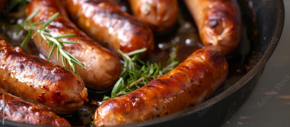 Poster Aromatic cooked sausages seasoned with fragrant herbs on a sizzling pan